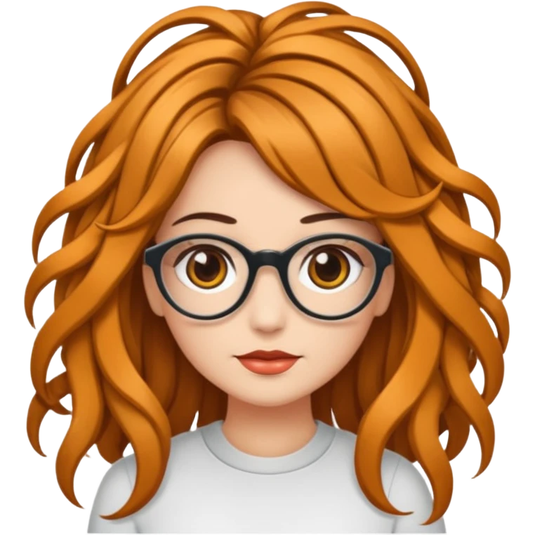 Uma garota de cabelos cacheados compridos e mechas loiras, com pele morena clara e óculos emoji