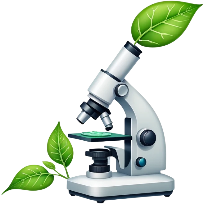 An icon featuring a DNA strand, a microscope with visible cells, and a green leaf, symbolizing biology. The design includes animal cells, plant structures, representing the study of living organisms and ecosystems. Transparent background highlights life sciences and biological research. emoji