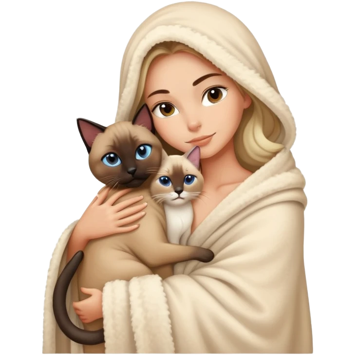 A beautiful and sexy Caucasian girl wrapped in a blanket hugging a Siamese cat emoji