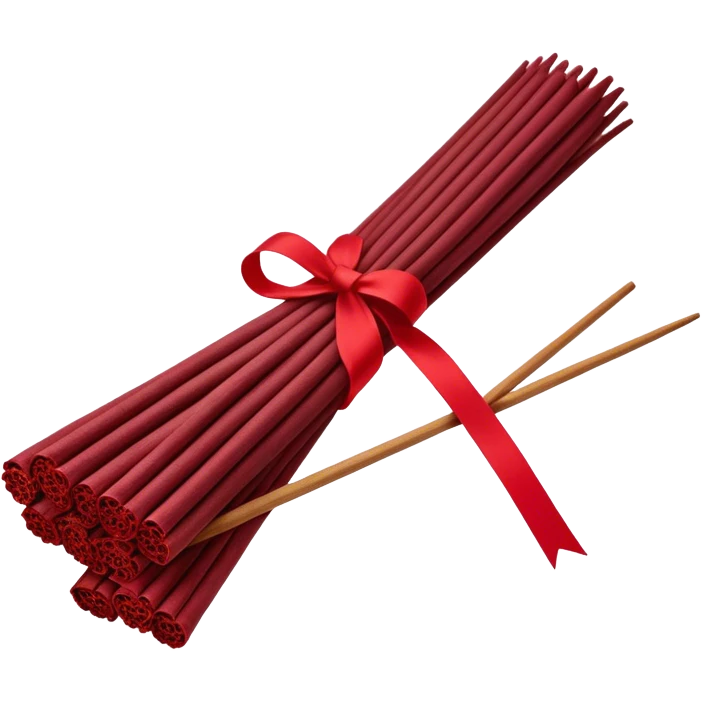 A bundle of incense sticks wrapped with a Persian red ribbon, exuding a vintage glamour aesthetic. The rich, deep red hue contrasts elegantly with the natural texture of the incense. Soft lighting enhances the luxurious and nostalgic feel of the composition. emoji