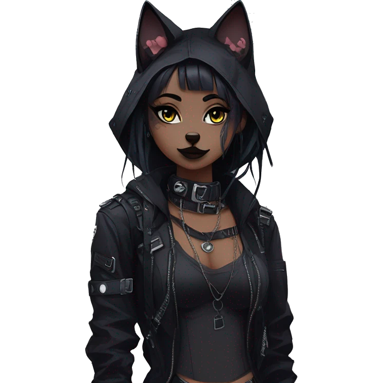Gorgeous gothic dark techwear cyberpunk anime style sona anthro cat, aesthetic, and pretty edgy black with collar and harness, trending style emoji