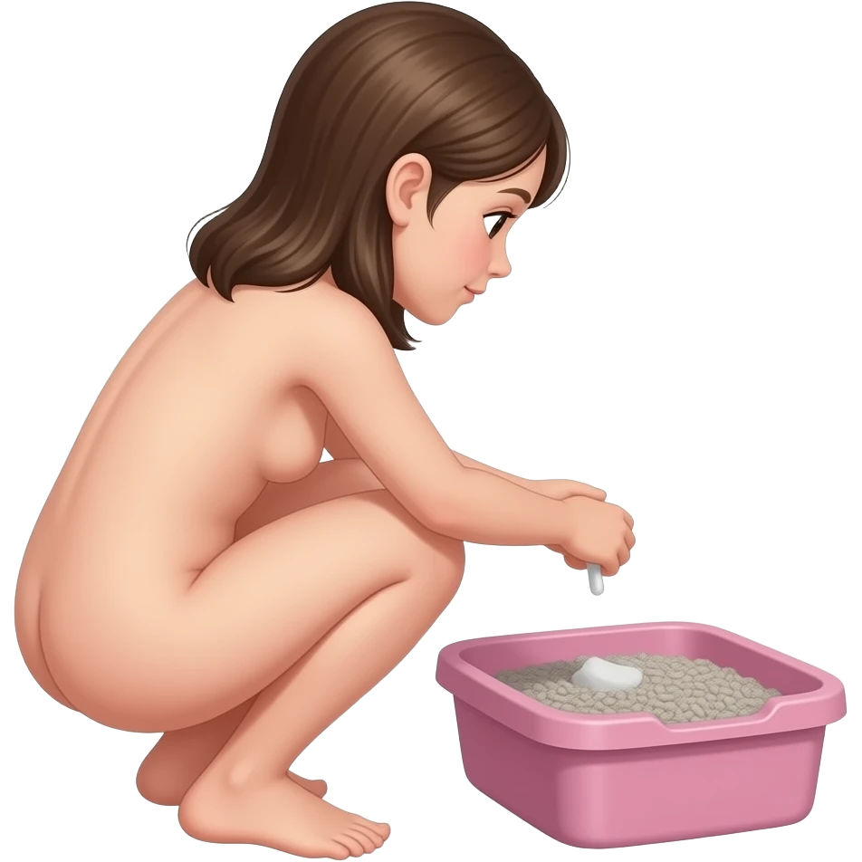 back view of a nude 10yo girl squatting and defecating in a pink human sized litterbox filled with grey kitty litter emoji