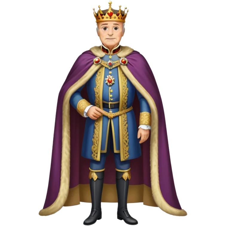 Full body of elderly, thin Carlos I of Spain with brown hair, Habsburg king standing in royal attire with crown, cape, and prominent jaw emoji