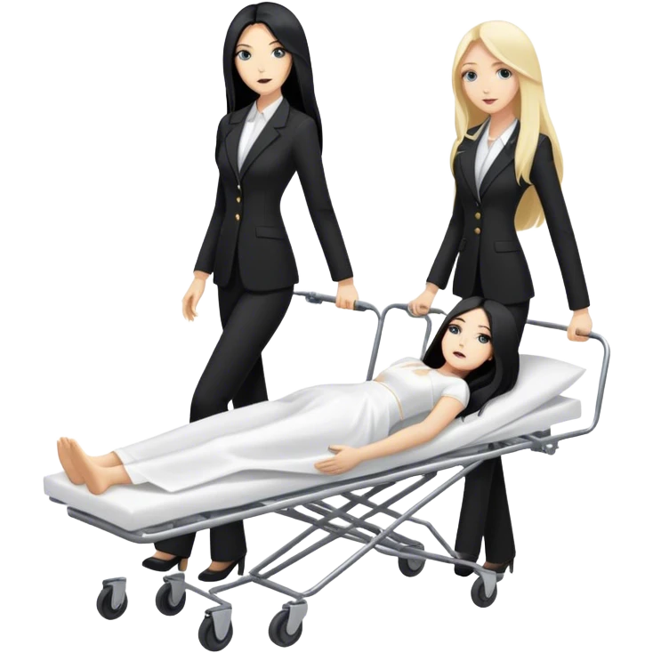 Two woman in black pants suits. One has long black hair and one has long blond hair. They are pushing a stretcher with a dead body on it that is covered in white sheets emoji