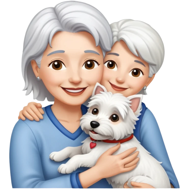 one silver-haired 60-ish lady smiling and hugging ONE westie dog emoji