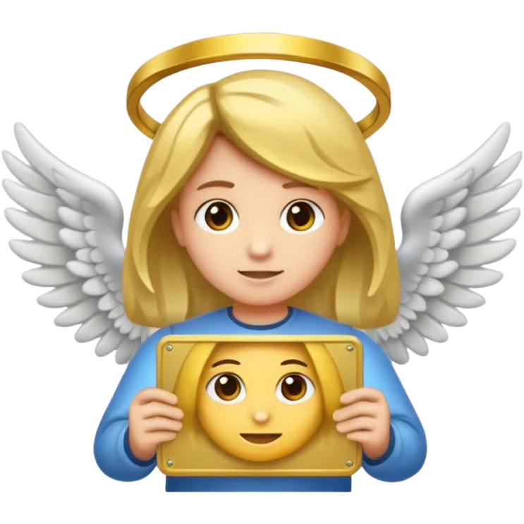 "Um emoji de anjo com cabelos loiros, um halo, asas, segurando um sinal de 'compartilhar' em letras em negrito." emoji