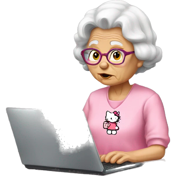 Old lady wearing a hello kitty shirt trying to work a PC emoji