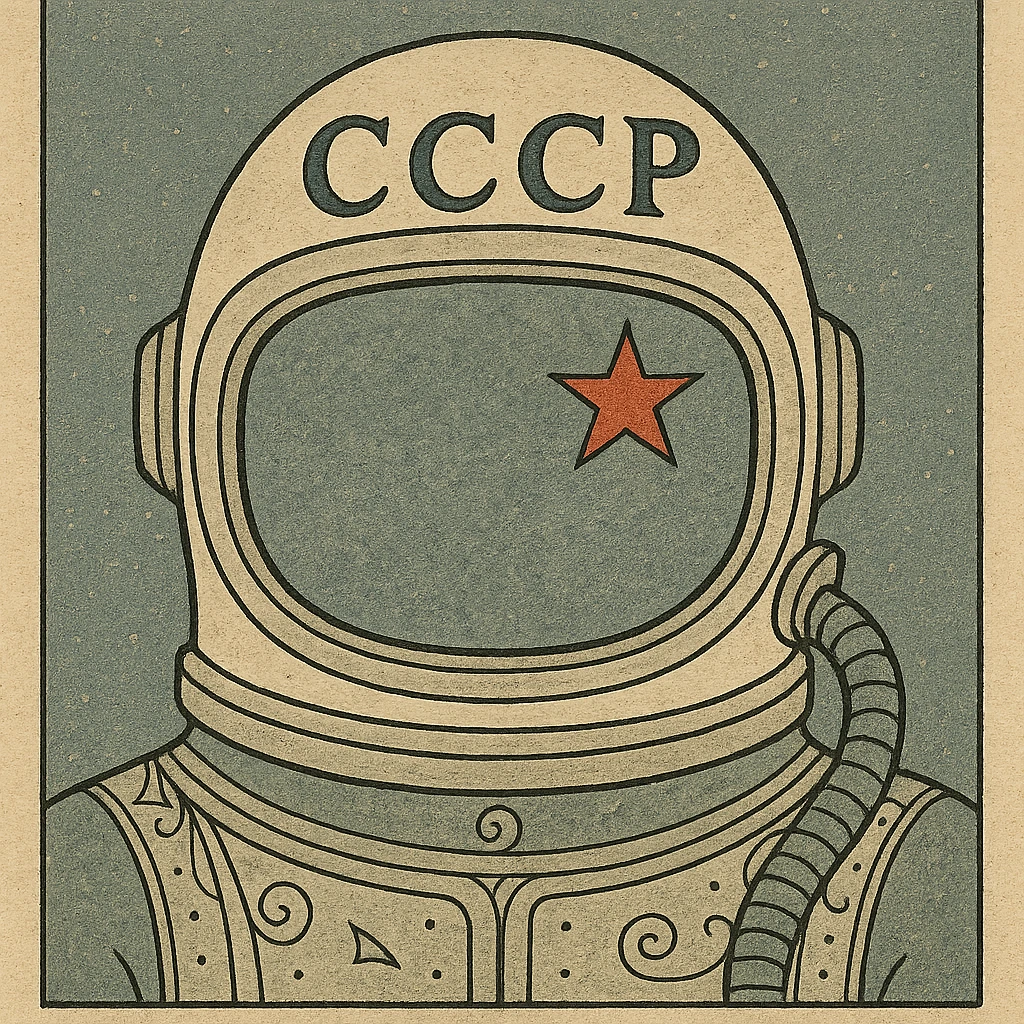 Soviet cosmonaut helmet, retro space age style, red star, stylized illustration emoji