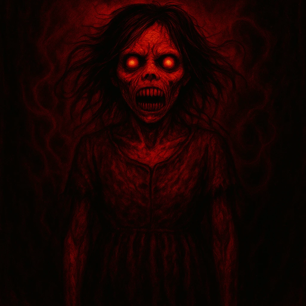 Change the color scheme to red and black with intense red lighting and shadows, using a horror palette. Keep all other details unchanged. emoji