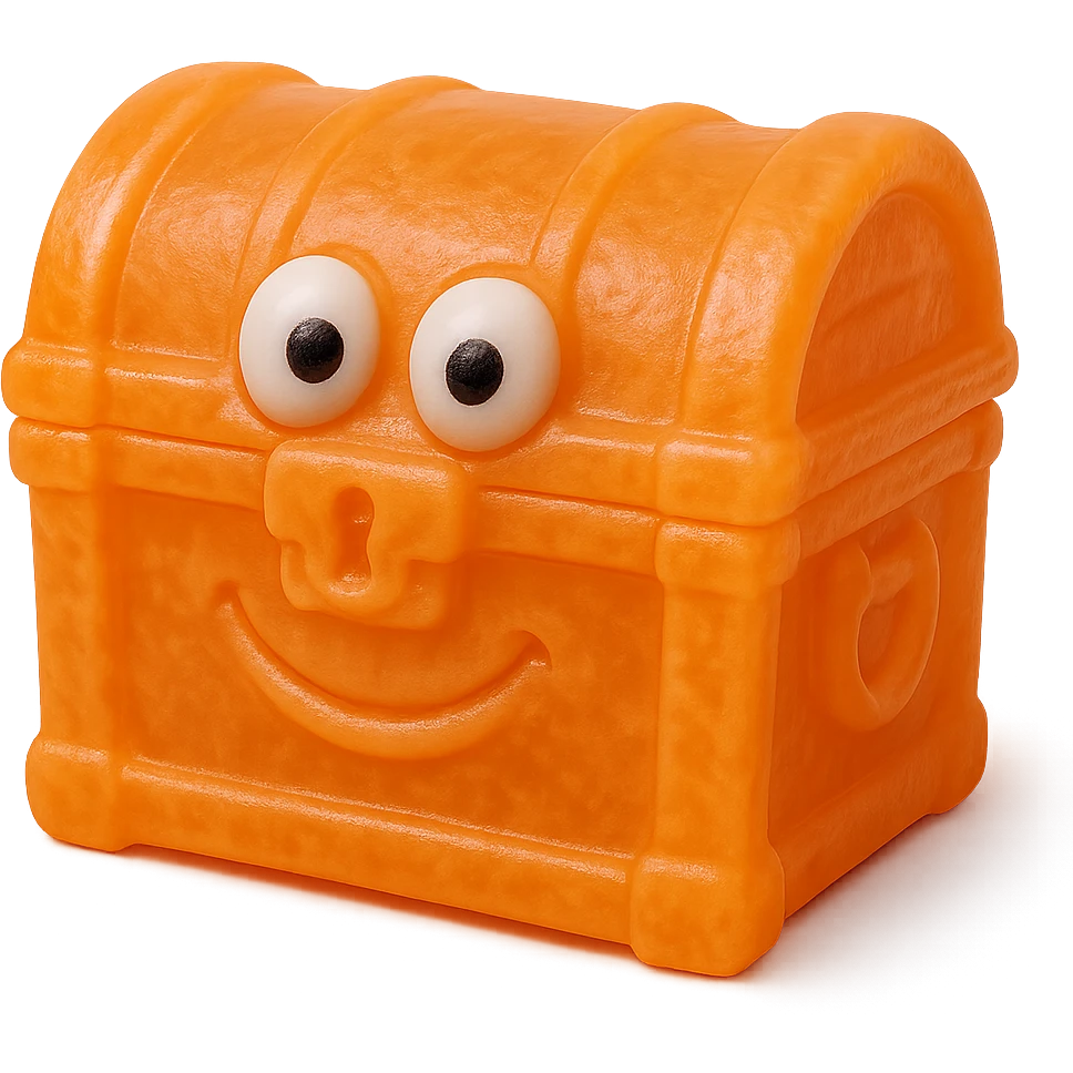 hyper-detailed retro 90's toy style bright orange semi-transparent soft plastic treasure chest with derpy eyes soft reflections soft and squishy some cloudiness not shiny highly detailed appealing no tag no background emoji