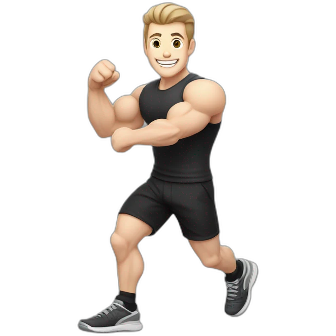 Joyful Celebrating victory Pale skinned Fit Man With the biceps and dark brown hair in black shirt, gray sports shorts and white Sneakers emoji