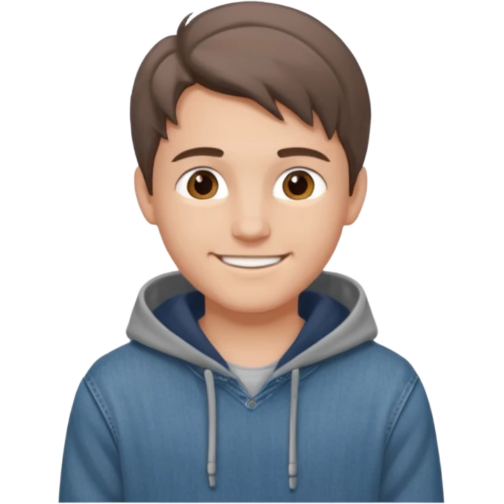 Handsome boy (fair-skinned) who has dressed up. He is wearing jeans and a gray hoodie, with a middle part hairstyle, and his hair color is brown. emoji