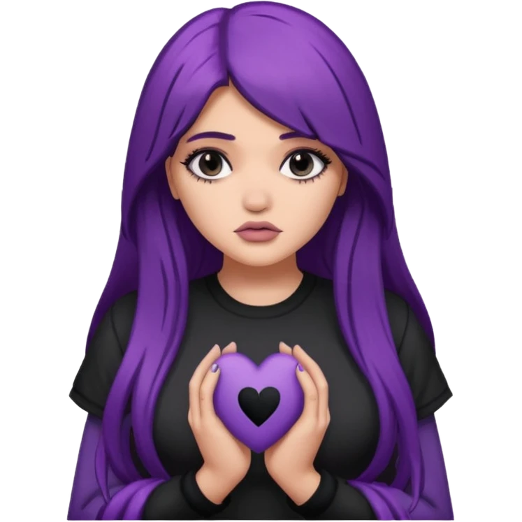 A Kylie Jenner with long purple hair is sad and holds a black heart in her hands emoji