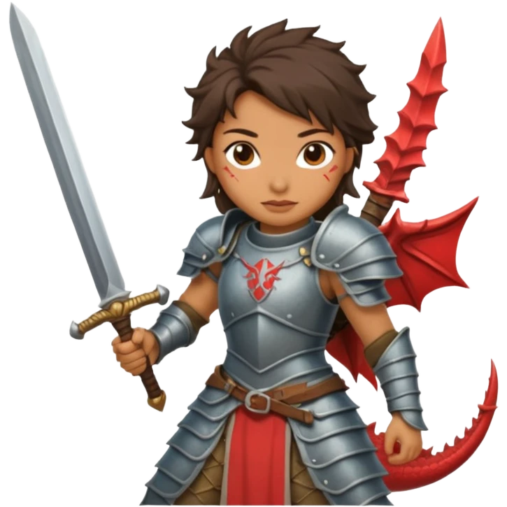 Fierce Latina in armor with a sword after a battle cutting off the head of a dragon emoji