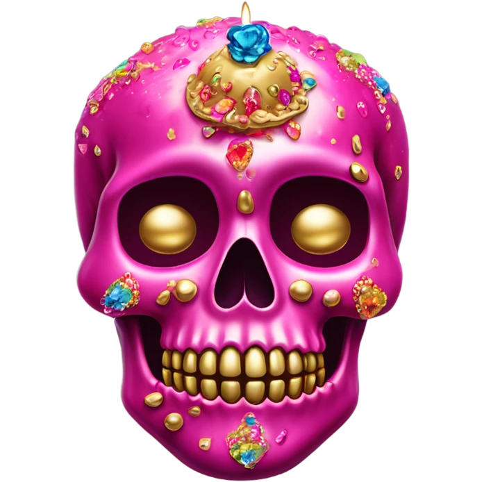 Realistic hot pink sugar skull decorated with colorful rhinestones with metallic gold candle on top of its head dripping meltdown metallic gold wax down skull emoji