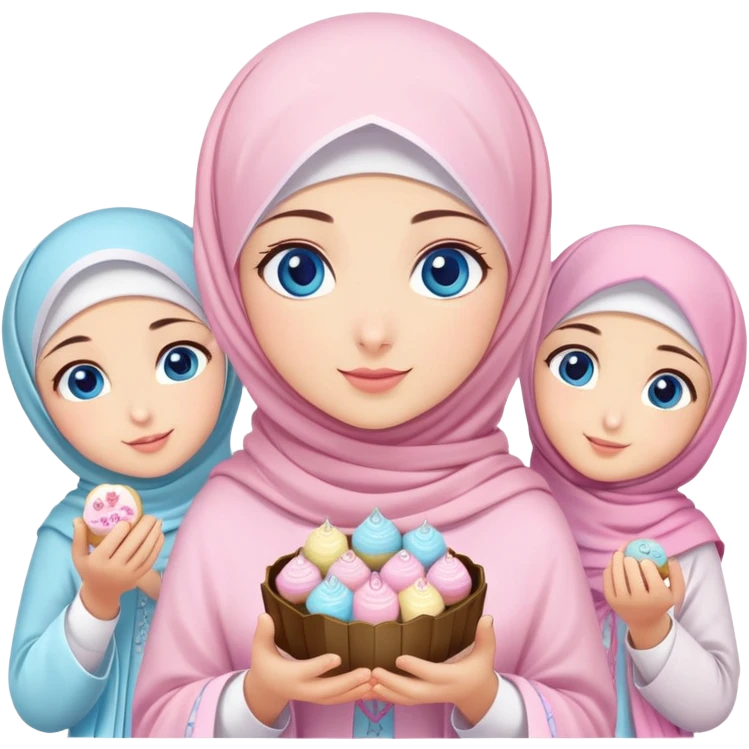 Turkish beautiful finish Konya girl blue eyes with pastel sakura hijab islamic dress and had on her hand text Eid Mubarak with sweets and celebrating with her friends eid days   emoji