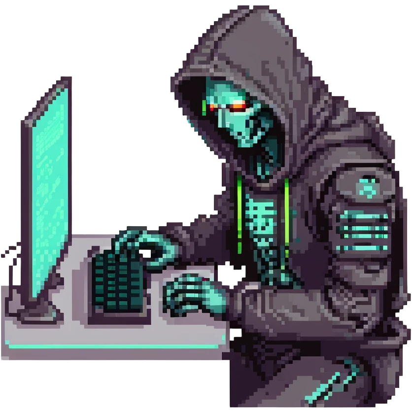 Dark cybernetic robot hacker with neon details, hood, typing on keyboard, hacking code emoji