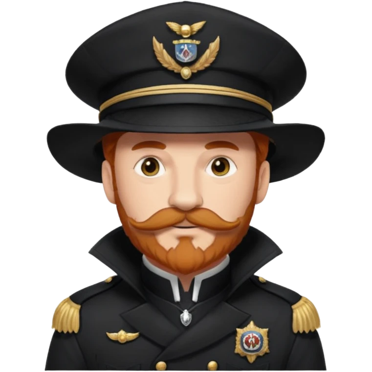 An auburn-hair'ed admiral with a flawless bear and mustache wearing a black admiral outfit and hat with Wolf Ears coming out of the hat, and 9 wolf tails behind him, with the admiral black shirt featuring on the left breast pocket the insignia of Helldivers 2. emoji