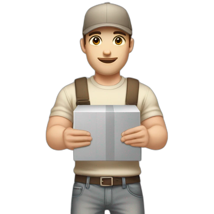 Pale skinned fit Man with dark brown hair in a beige cap, gray jeans, brown polo and white T-shirt keeping a pasted with tape white box into his hands emoji