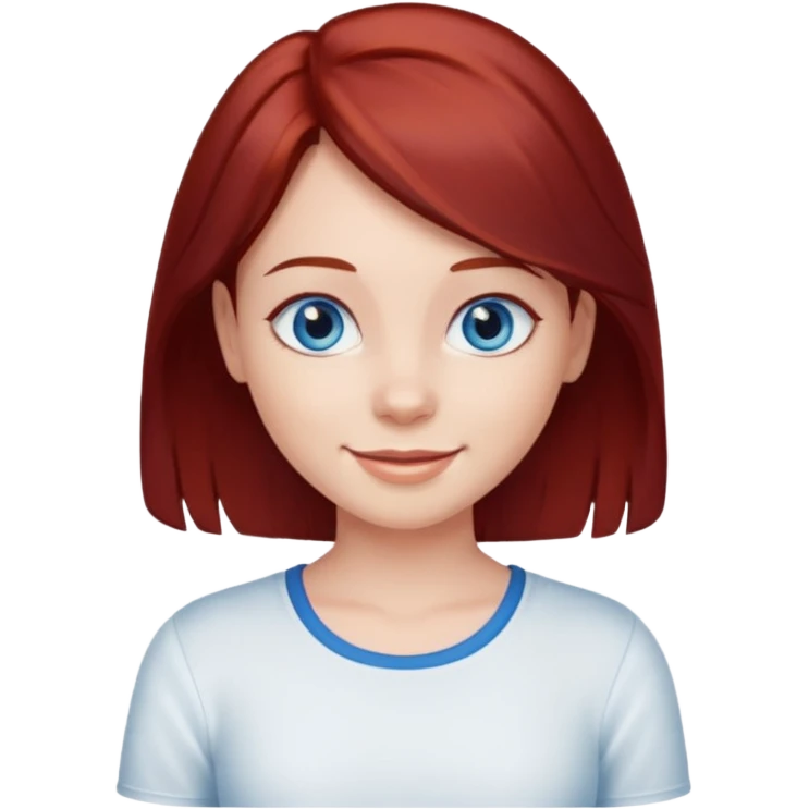 generate a young girl with dark red hair in a white top. she is supposed to have blue eyes  emoji