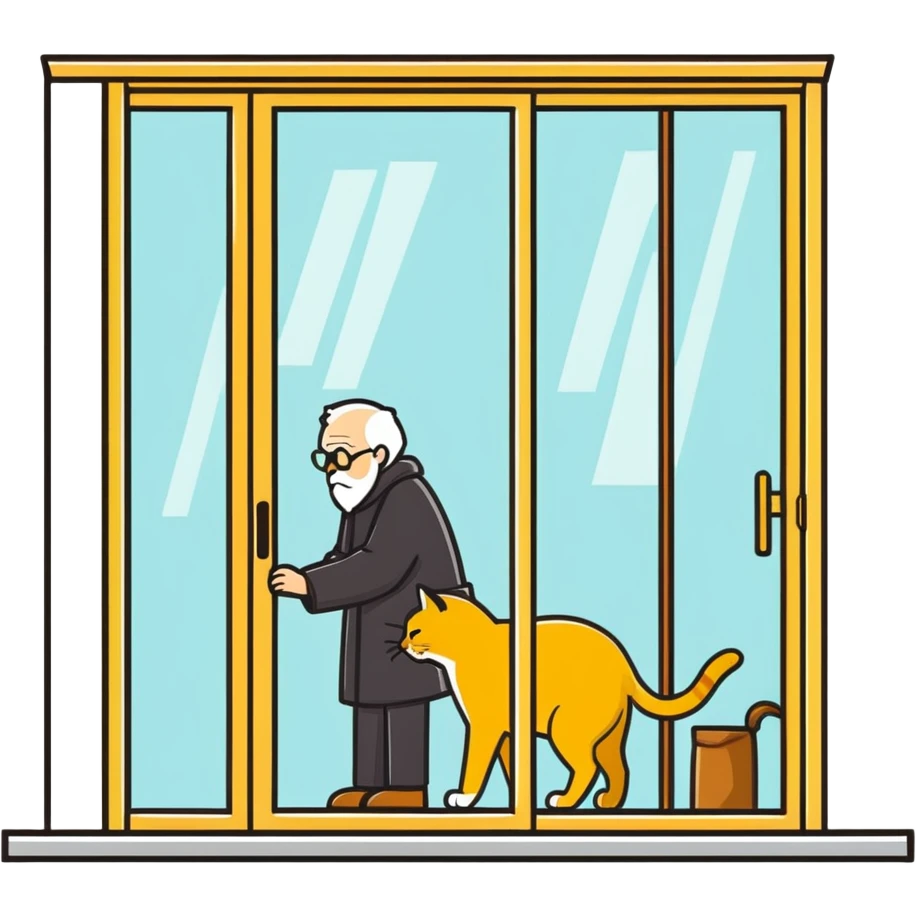  old blind man  looking through glass door at ￼his golden cat  emoji