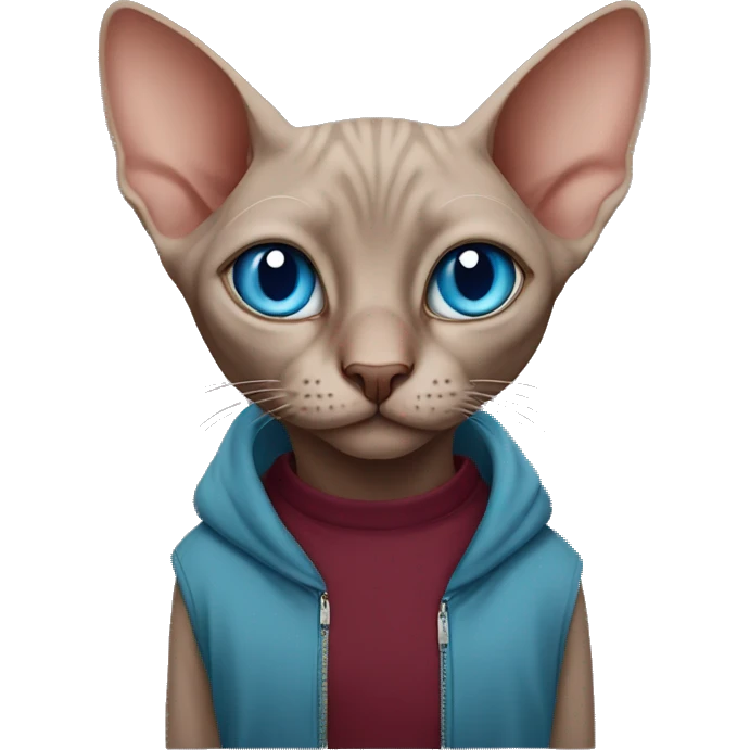 sphinx cat with blue eyes in a burgundy sweatshirt emoji