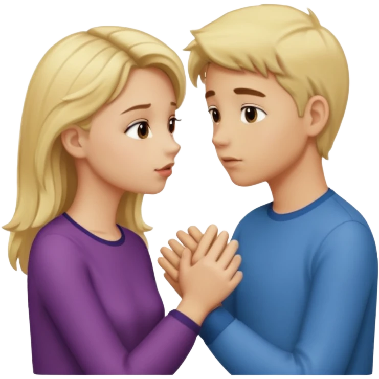 iOS emoji style, girl holding hands with one boy while kissing another boy, one boy blond, the other brunet, subtle suspicious expression emoji