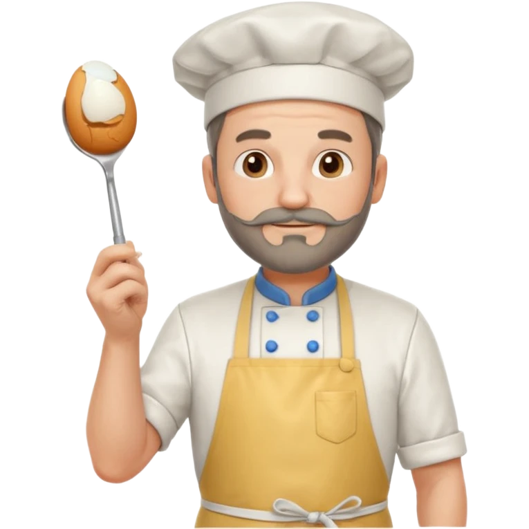Middle aged male pastry chef - with a small beard, apron, white hat, holding an egg beater in his right hand, and his left hand naturally hanging down to his side emoji