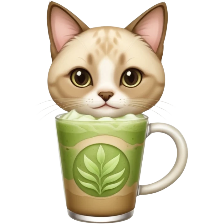 Happy Siamese Cat holding in its paws an iced matcha latte emoji