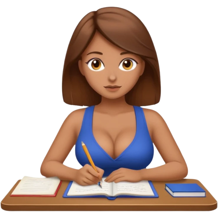 Sexy girl with brown hair and big boobs is writing a dissertation  emoji