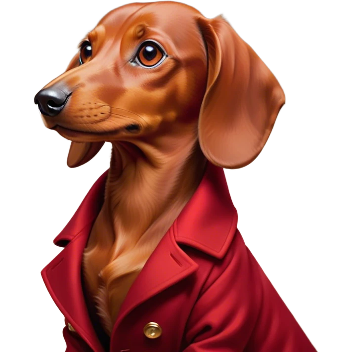 Cinematic Noble Red Dachshund Portrait Emoji, Poised and regal, with a long, low-slung build and a smooth, well-groomed red coat, deep-set soulful brown eyes, Simplified yet sharp and sophisticated features, highly detailed, glowing with a soft, dignified glow, high shine, intelligent and determined, stylized with an air of charm, focused and attentive, soft glowing outline, capturing the essence of a watchful and confident companion, so majestic it feels as though it could slide out of the screen with effortless authority! emoji