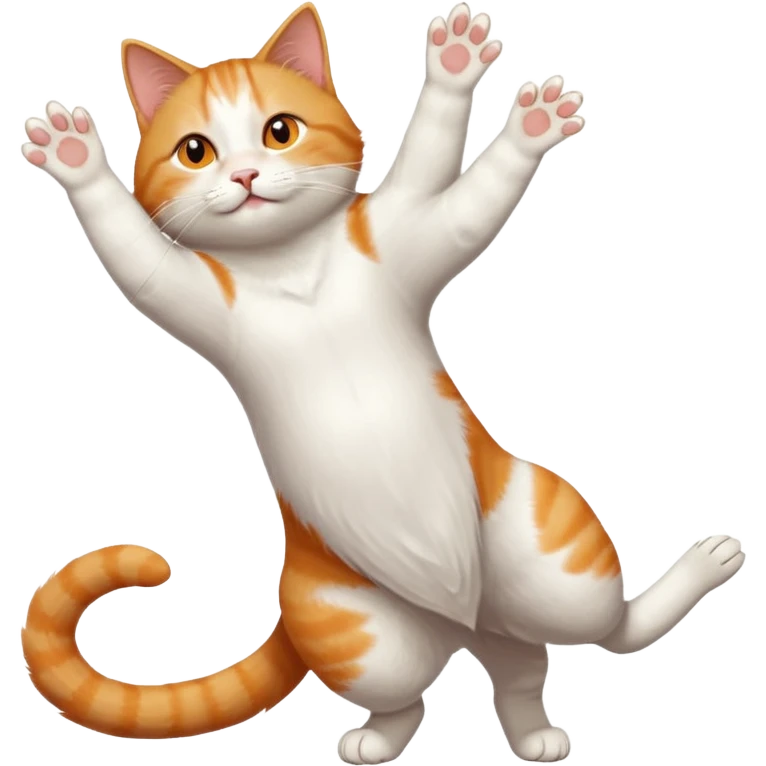 ginger and white cat with orange eyes doing a big extremely long stretch reaching up into the air with arms and legs side by side together straight and overextended whilst lying on its side emoji