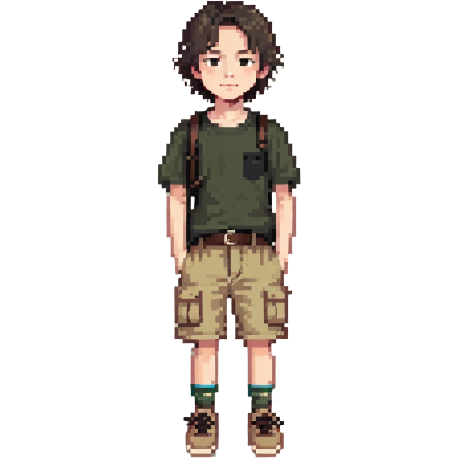 boy wearing an olive-green shirt over a brown T-shirt with beige cargo shorts emoji