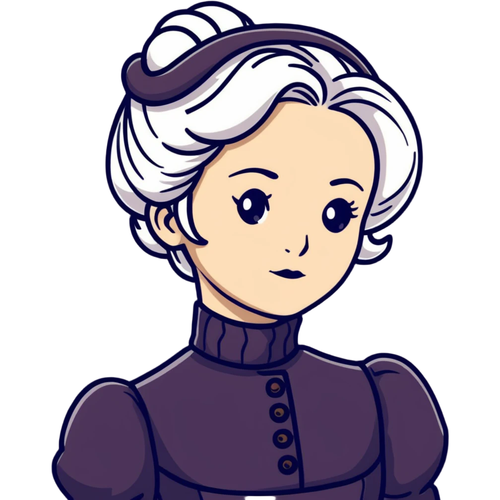 Victorian woman with white coiffed hair, modest turtleneck Victorian dress, and an awestruck expression emoji