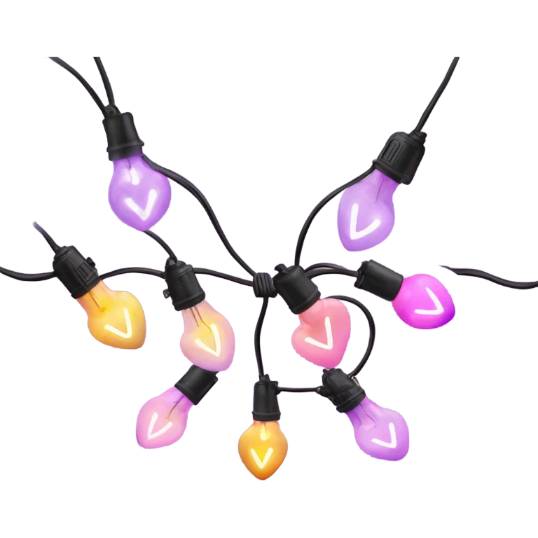 Realistic string lights with pink and purple bulbs in the shape of a heart and a power plug in on the end of the lights. emoji