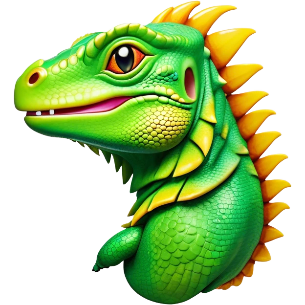 Cinematic Realistic Comical Iguana Portrait Emoji, Head tilted dramatically with an exaggeratedly amused expression, featuring a striking, glossy green-scaled body with bold natural textures and wide, expressive amber eyes brimming with playful disbelief, rendered with lifelike clarity and vibrant hues, high shine, dramatic yet playful, styled with an air of cheeky tropical mischief, soft glowing outline, capturing the essence of a spirited and over‐the‐top iguana that looks ready to charm its way into viral fame! emoji