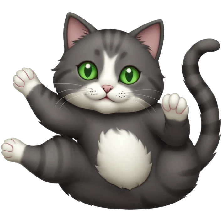 solid dark grey cat with green eyes, white toes/paws playfully rolling upside down emoji