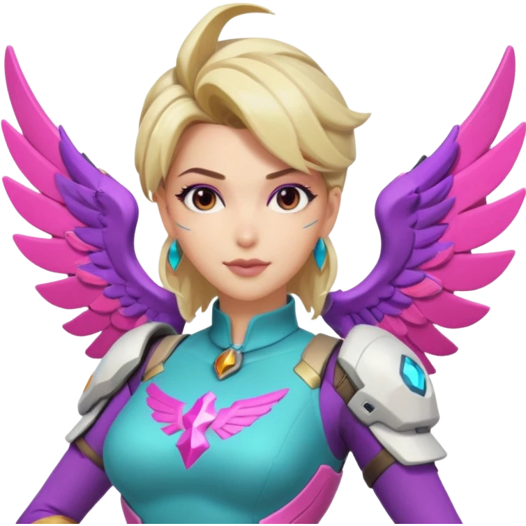 Overwatch Mercy flying, 80s outfit, teal pink and purple emoji