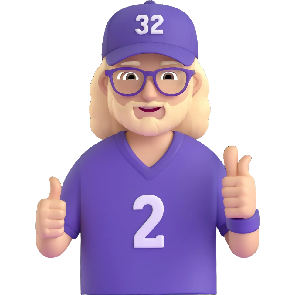 Man with black and white cap, purple sports jersey with number 32, clear glasses, light blond mullet hairstyle, thumbs up emoji