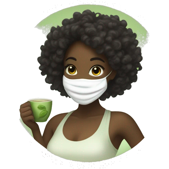 Black girl with curly hair wrapped in a towel, has a white face mask on and holding a steaming matcha tea while smiling  emoji