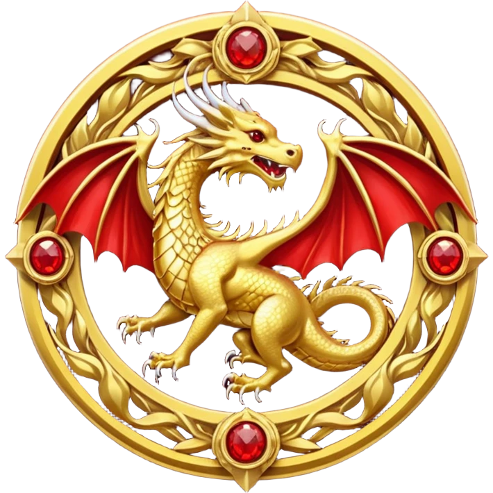 Golden dragon with wings crest / brosch in a circle with red gems and no background emoji
