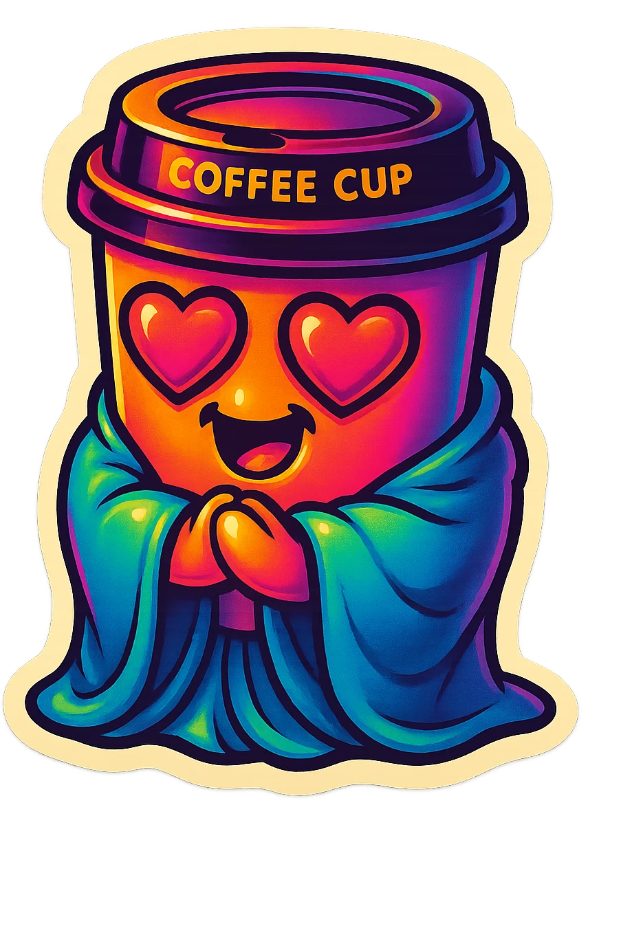 Ink wash style, coffee cup creature, big heart eyes, dopey smile emoji