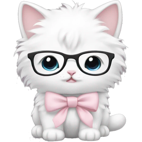 white fluffy chubby kitten with pale pink bow nerdy glasses emoji