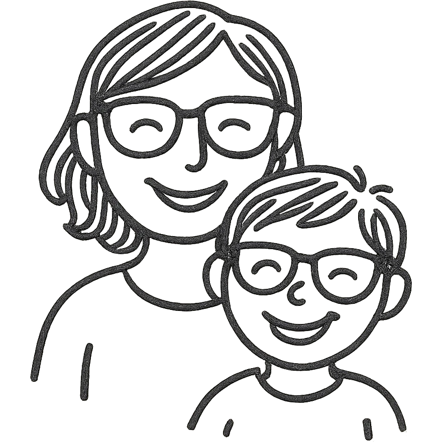 A happy woman with brown hair and a child boy, both wearing Ray-Ban glasses emoji