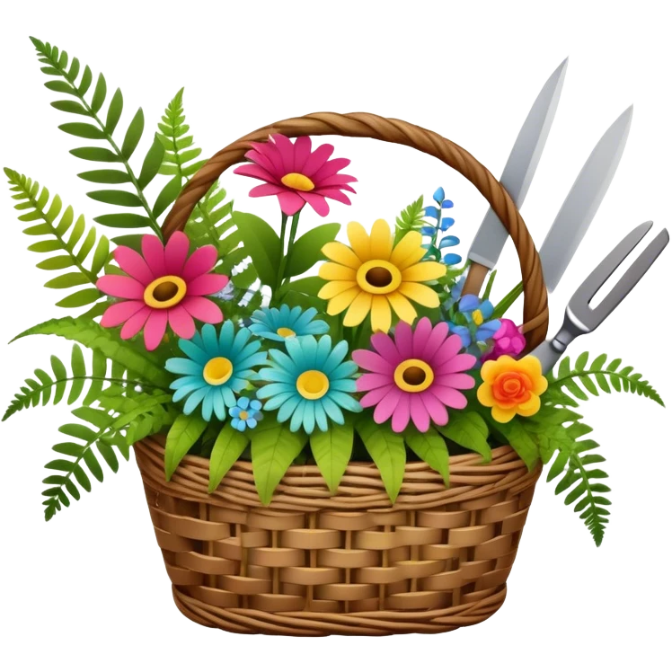 Icon for Floristry: a woven basket with flowers, reeds, ferns, bright ribbons and a small plush toy. Add big garden scissors and knife above. The icon should represent creativity in flower arrangement and decorative design. Transparent background. emoji