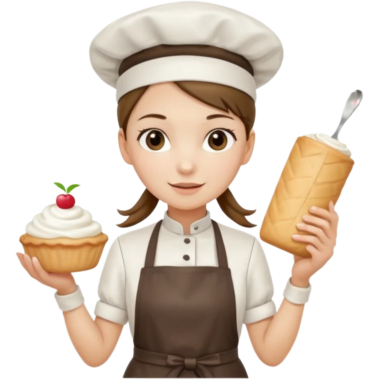 Young female pastry chef - single ponytail, apron, wearing a white hat, holding a cream bag emoji