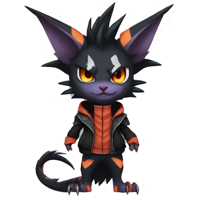Cool Anthro Black Noivern-Nargacuga-Litten-Pokémon with edgy stripes hoodie spiked collar punk Full Body emoji