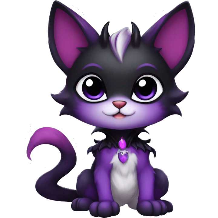 Anthro-Cute-Edgy-Vampiric-Batty-Cat-Black-Purple-Contrast-Colors-Fantasy-Fur-Sona-Chibi-Shiny-Fakémon-Hybrid with horns full body emoji