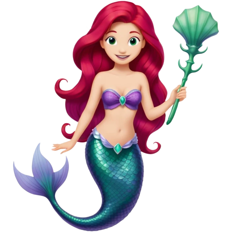 Disney Ariel mermaid with long red hair, green tail, and purple seashell top, smiling emoji