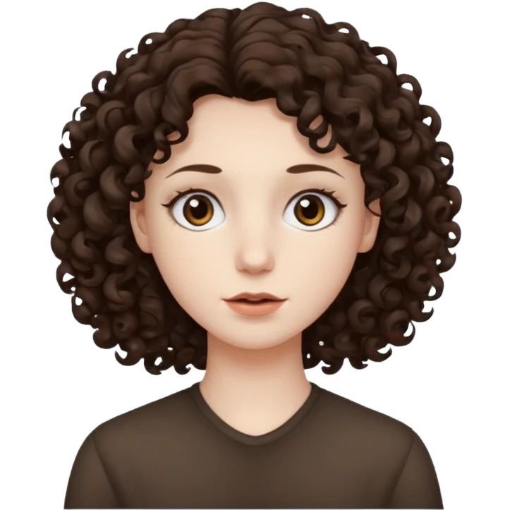 Pale skin, curly dark brown hair, medium brown eyes. emoji
